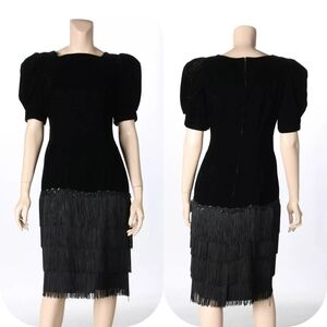 Opening Night Vintage 80s Black Velvet Fringe Prom Party Formal Dress size 7/8